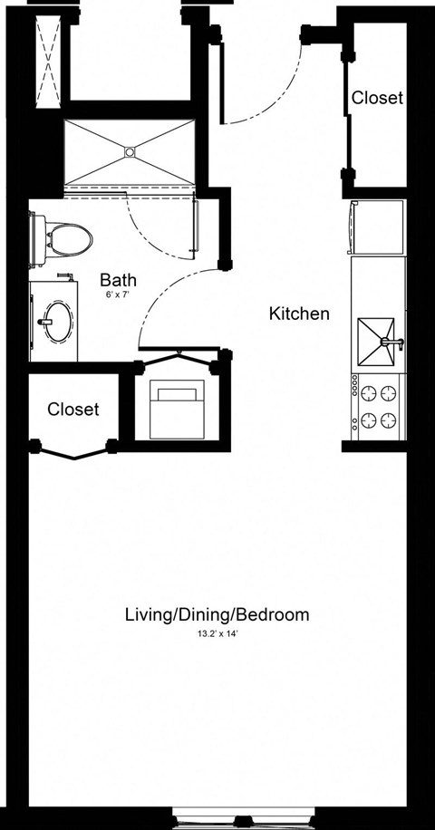 Floor plan for studio, 1 bath, 380 sqft
